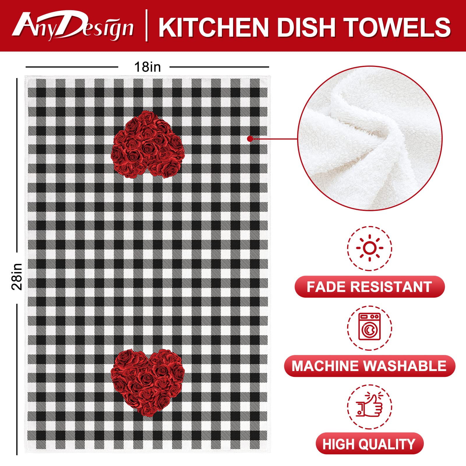 AnyDesign Valentine's Day Kitchen Towel Truck Rose Flower Dish Towel 18 x 28 Inch White Black Buffalo Plaids Hand Drying Towel Tea Towel for Wedding Anniversary Cooking Baking, Set of 4