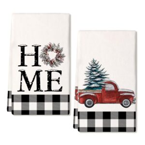 arkeny christmas dish towels for christmas decor black buffalo plaid kitchen towels 18x26 inch xmas wreath snow washcloths seasonal noel red truck home hand towel for cooking set of 2