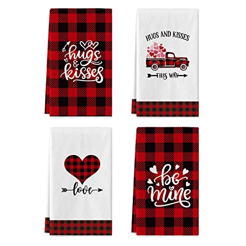 Artoid Mode Buffalo Plaid Kitchen Dish Towels Love Truck, 18 x 26 Inch Seasonal Valentine's Day Anniversary Wedding Ultra Absorbent Drying Cloth Tea Towels for Cooking Baking Set of 4