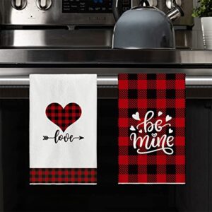 Artoid Mode Buffalo Plaid Kitchen Dish Towels Love Truck, 18 x 26 Inch Seasonal Valentine's Day Anniversary Wedding Ultra Absorbent Drying Cloth Tea Towels for Cooking Baking Set of 4