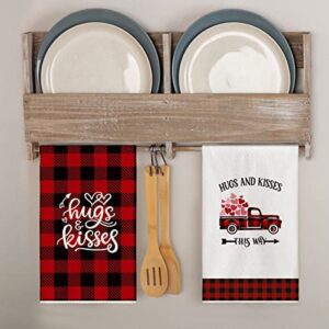 Artoid Mode Buffalo Plaid Kitchen Dish Towels Love Truck, 18 x 26 Inch Seasonal Valentine's Day Anniversary Wedding Ultra Absorbent Drying Cloth Tea Towels for Cooking Baking Set of 4