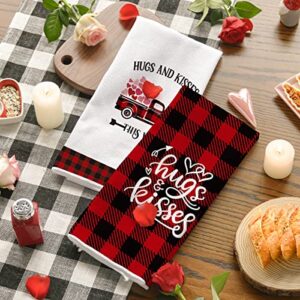 Artoid Mode Buffalo Plaid Kitchen Dish Towels Love Truck, 18 x 26 Inch Seasonal Valentine's Day Anniversary Wedding Ultra Absorbent Drying Cloth Tea Towels for Cooking Baking Set of 4