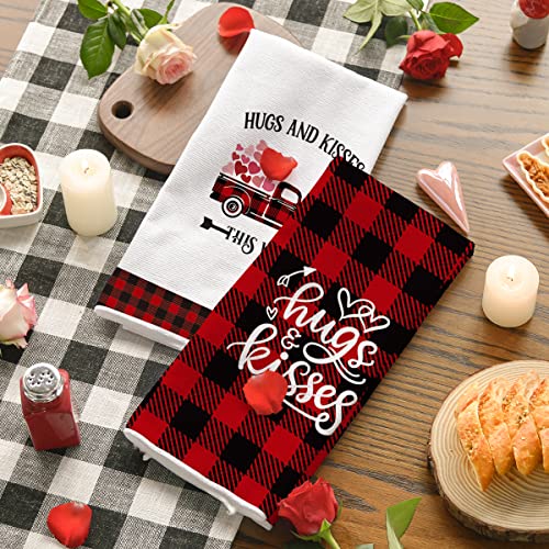 Artoid Mode Buffalo Plaid Kitchen Dish Towels Love Truck, 18 x 26 Inch Seasonal Valentine's Day Anniversary Wedding Ultra Absorbent Drying Cloth Tea Towels for Cooking Baking Set of 4