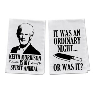 happy family clothing funny kitchen tea towels, decorative flour sack dish towels, dishcloths gift set of 2 (keith morrison & ordinary night - 2 pack)