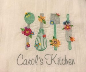 personalized embroidered tea towel, spring kitchen utensils, flour sack dish towel, bridal shower or wedding gift under 20