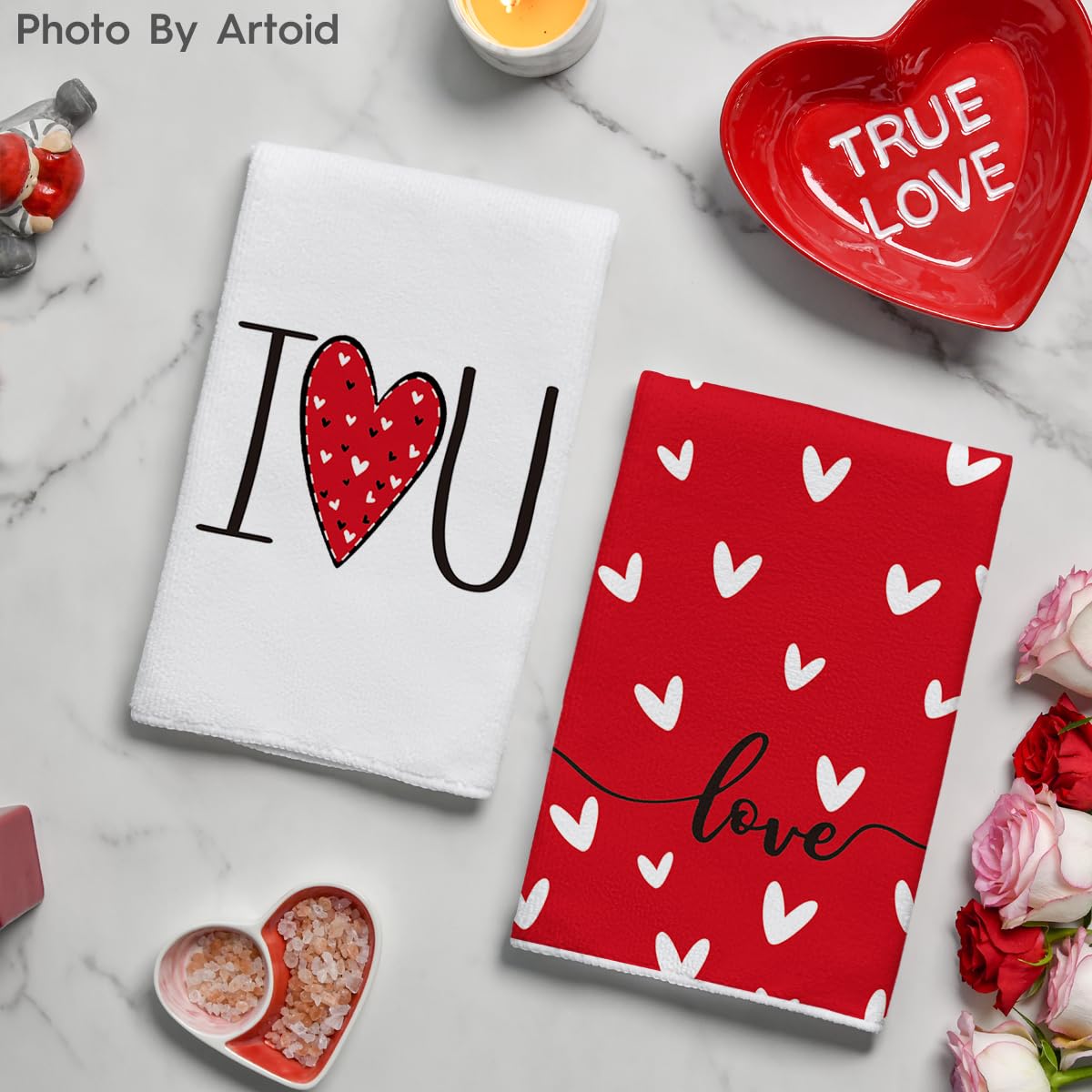 Artoid Mode Red I Love You Valentine's Day Kitchen Towels Dish Towels, 18x26 Inch Seasonal Decoration Hand Towels Set of 2