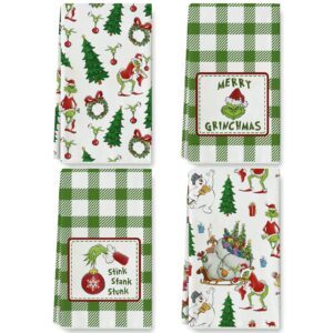 anydesign christmas kitchen towel green white buffalo plaids dish towel 28 x 18 inch funny cartoon character tea towel xmas decorative hand drying towel for kitchen cooking baking, 4 pack