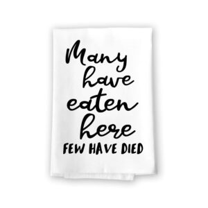 honey dew gifts funny kitchen towels, many have eaten here few have died flour sack towel, 27 inch by 27 inch, 100% cotton, highly absorbent, multi-purpose kitchen dish towel