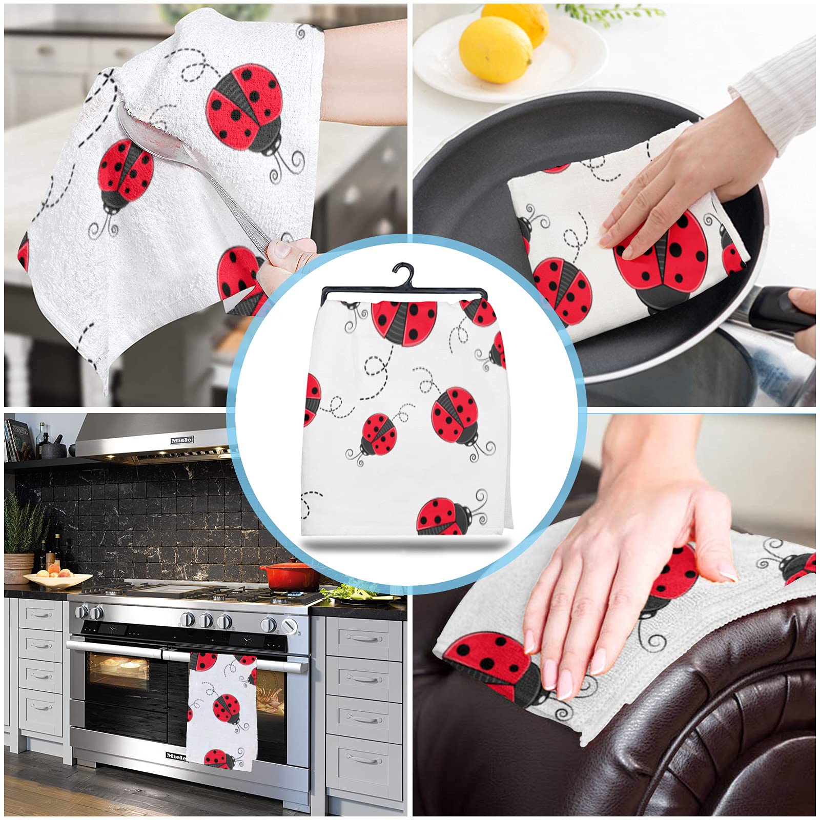 Meet 1998 Red Ladybug Kitchen Towels, Set of 4 Hand Drying Towel, Soft Absorbent Multipurpose Cloth Tea Towels for Cooking Baking, Nature Insect Print Washable Dish Towels Cloth 18x28 Inch