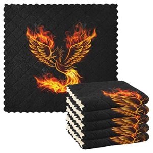 fire burning phoenix bird with wings on black pack of 6 pcs kitchen dish towels, absorbent soft dishcloths for bar cafe car table chair window washable towels 11 x 11 inches