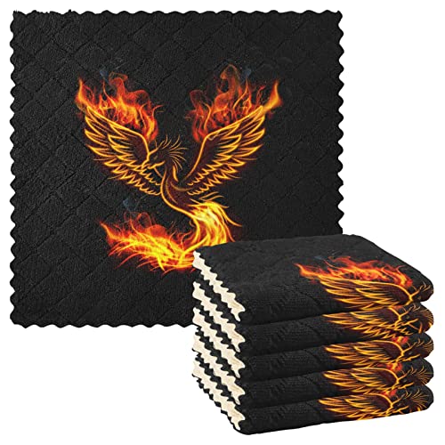 Fire Burning Phoenix Bird with Wings on Black Pack of 6 Pcs Kitchen Dish Towels, Absorbent Soft Dishcloths for Bar cafe Car Table Chair Window Washable Towels 11 x 11 inches