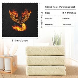 Fire Burning Phoenix Bird with Wings on Black Pack of 6 Pcs Kitchen Dish Towels, Absorbent Soft Dishcloths for Bar cafe Car Table Chair Window Washable Towels 11 x 11 inches