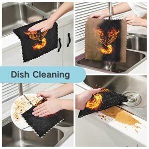 Fire Burning Phoenix Bird with Wings on Black Pack of 6 Pcs Kitchen Dish Towels, Absorbent Soft Dishcloths for Bar cafe Car Table Chair Window Washable Towels 11 x 11 inches