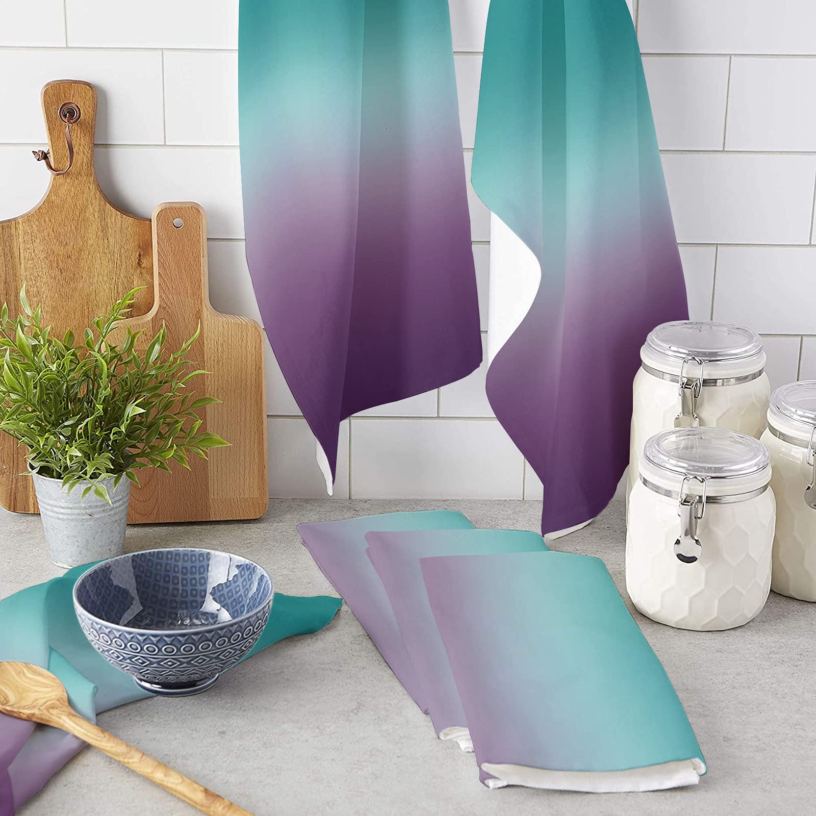 Kitchen Dish Towels 2 Pack-Super Absorbent Soft Microfiber,Ombre Gradient Turquoise Teal to Purple Cleaning Dishcloth Hand Towels Tea Towels for Kitchen Bathroom Bar