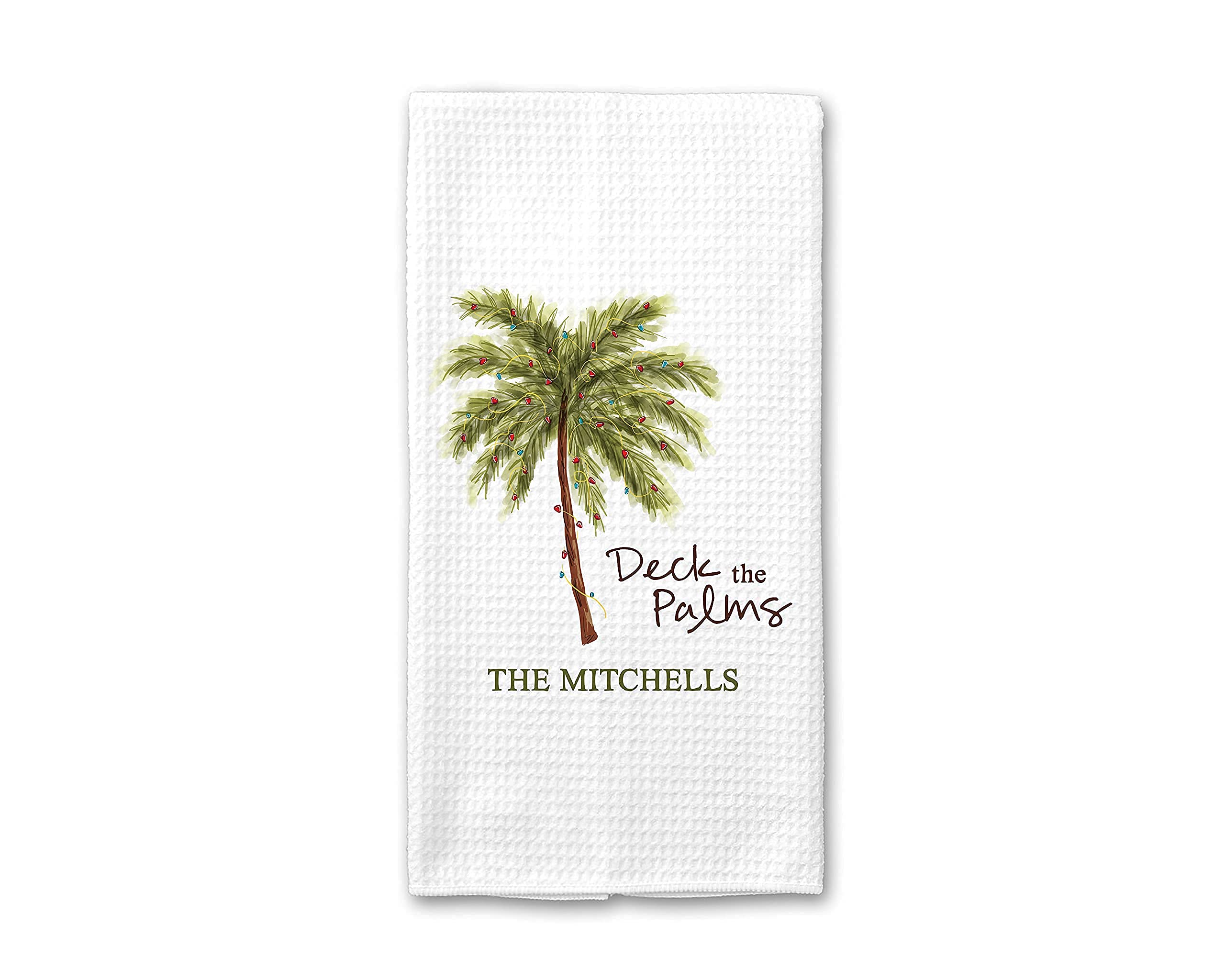 Deck the Palms Custom Christmas Waffle Weave Dish Towel | Personalized Kitchen Towel | Housewarming Gift | Personalized Christmas Gift Women | Personalized Dish Towel | Christmas Kitchen Towel