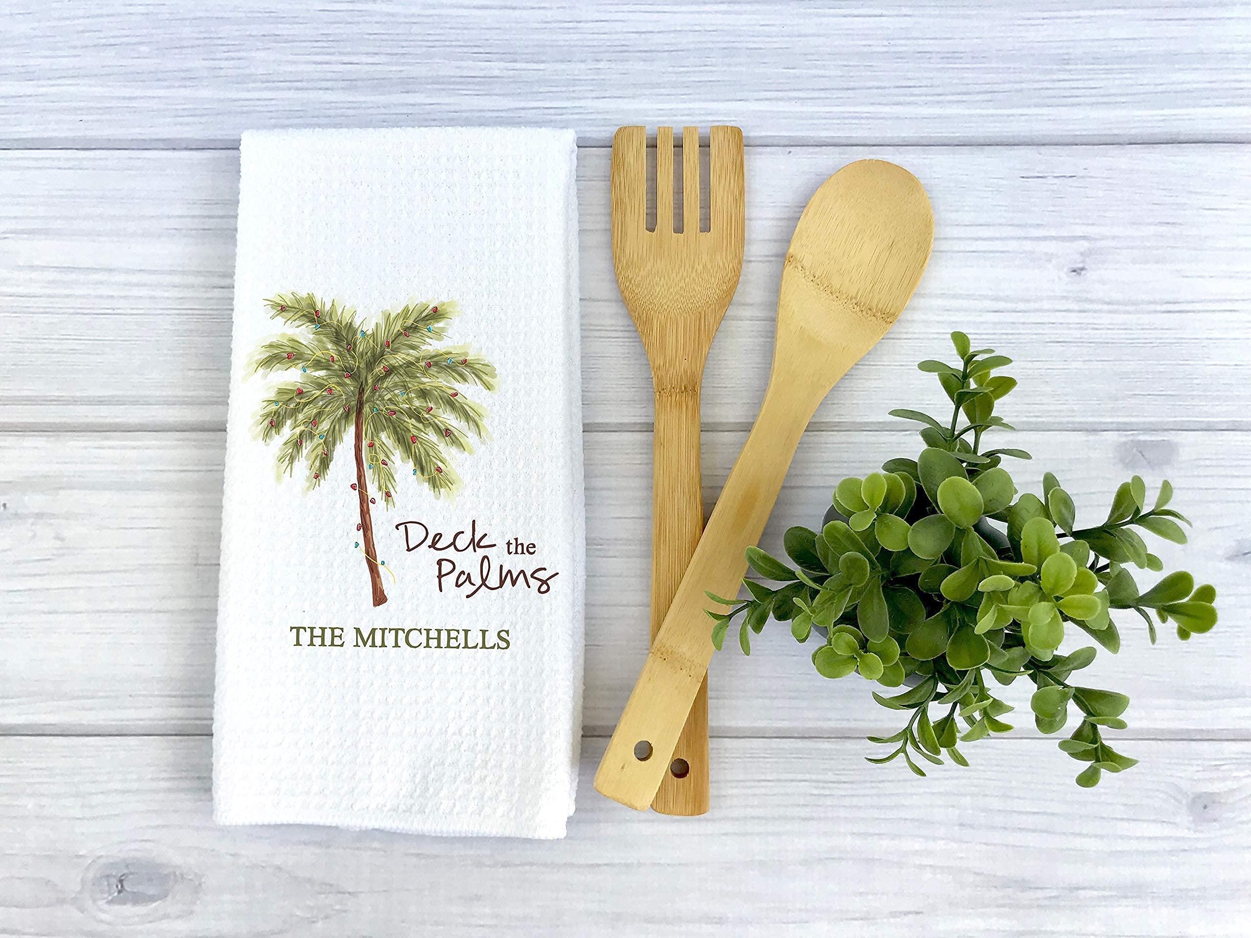 Deck the Palms Custom Christmas Waffle Weave Dish Towel | Personalized Kitchen Towel | Housewarming Gift | Personalized Christmas Gift Women | Personalized Dish Towel | Christmas Kitchen Towel
