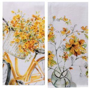 DHE 2 Piece Sweet Spring Yellow White Bike and Forsythia Kitchen Dual Purpose Towel Bundle