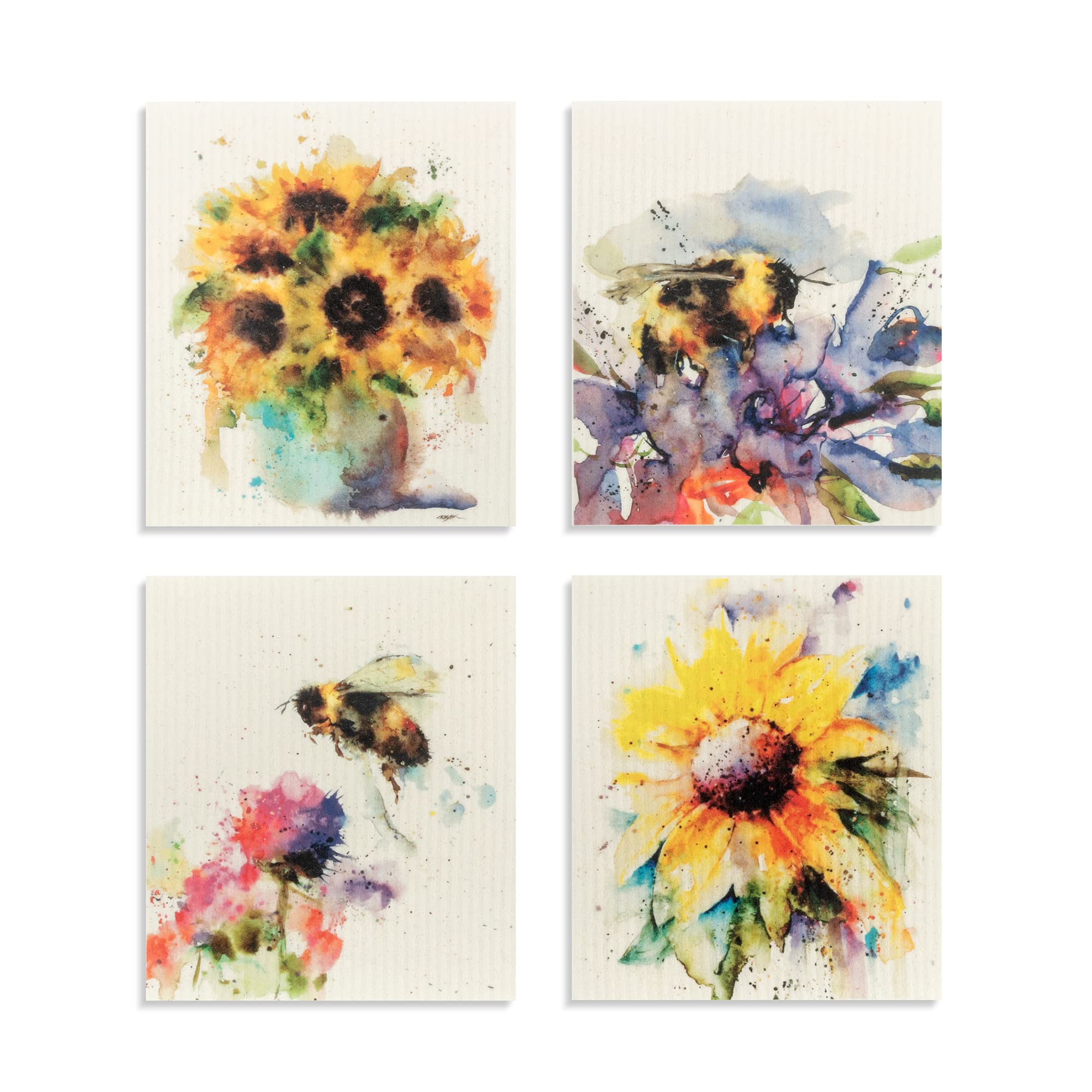 DEMDACO Watercolor Yellow Sunflower Bee 6 x 7 Cotton Blend Biodegradable Dish Cloths Set of 4