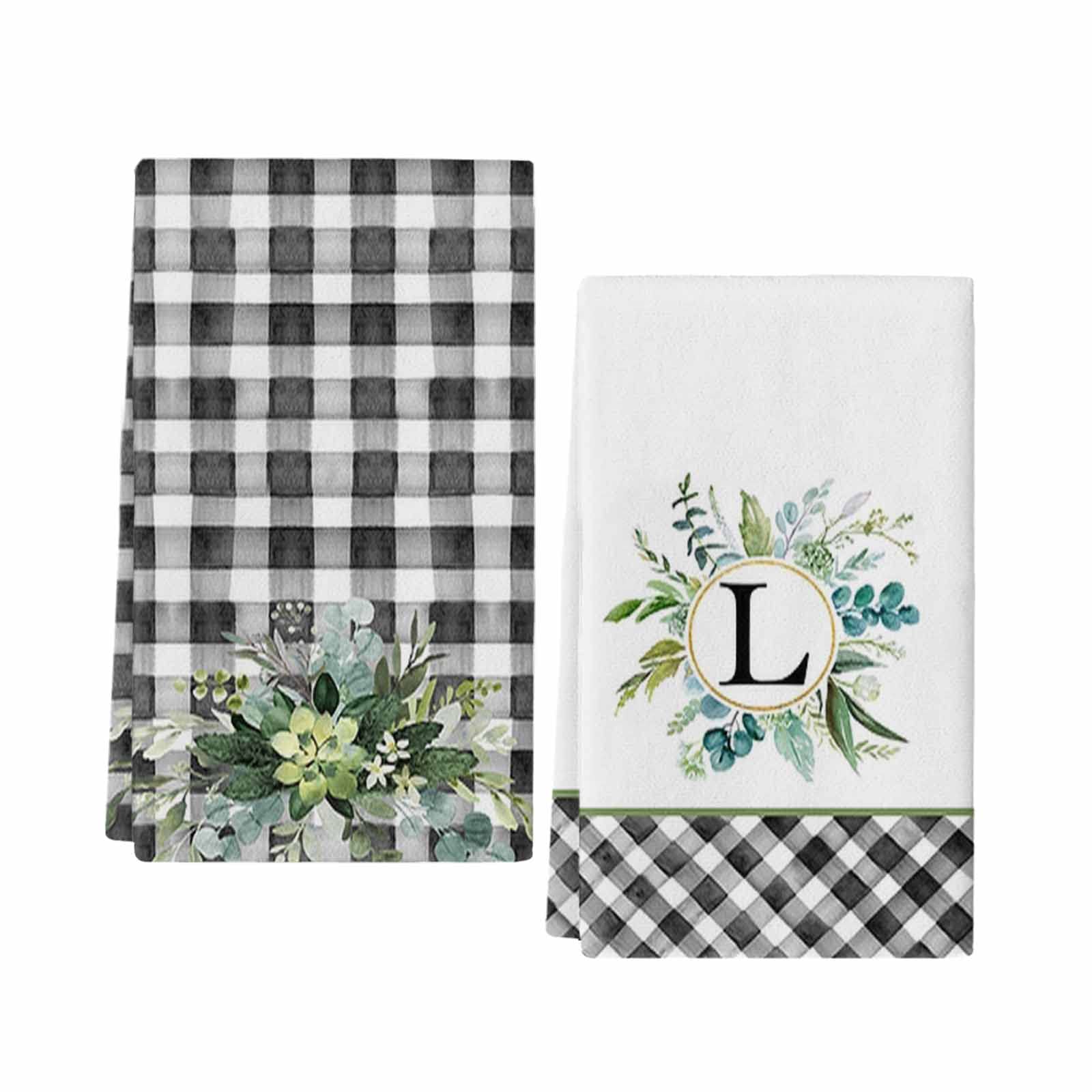 VDLBT Monogram Kitchen Towels Letter L Eucalyptus Leaves Farmhouse Dish Towels Buffalo Plaid Check Dishcloth Fingertip Hand Towel Last Name Initial Soft Tea Towel Set of 2