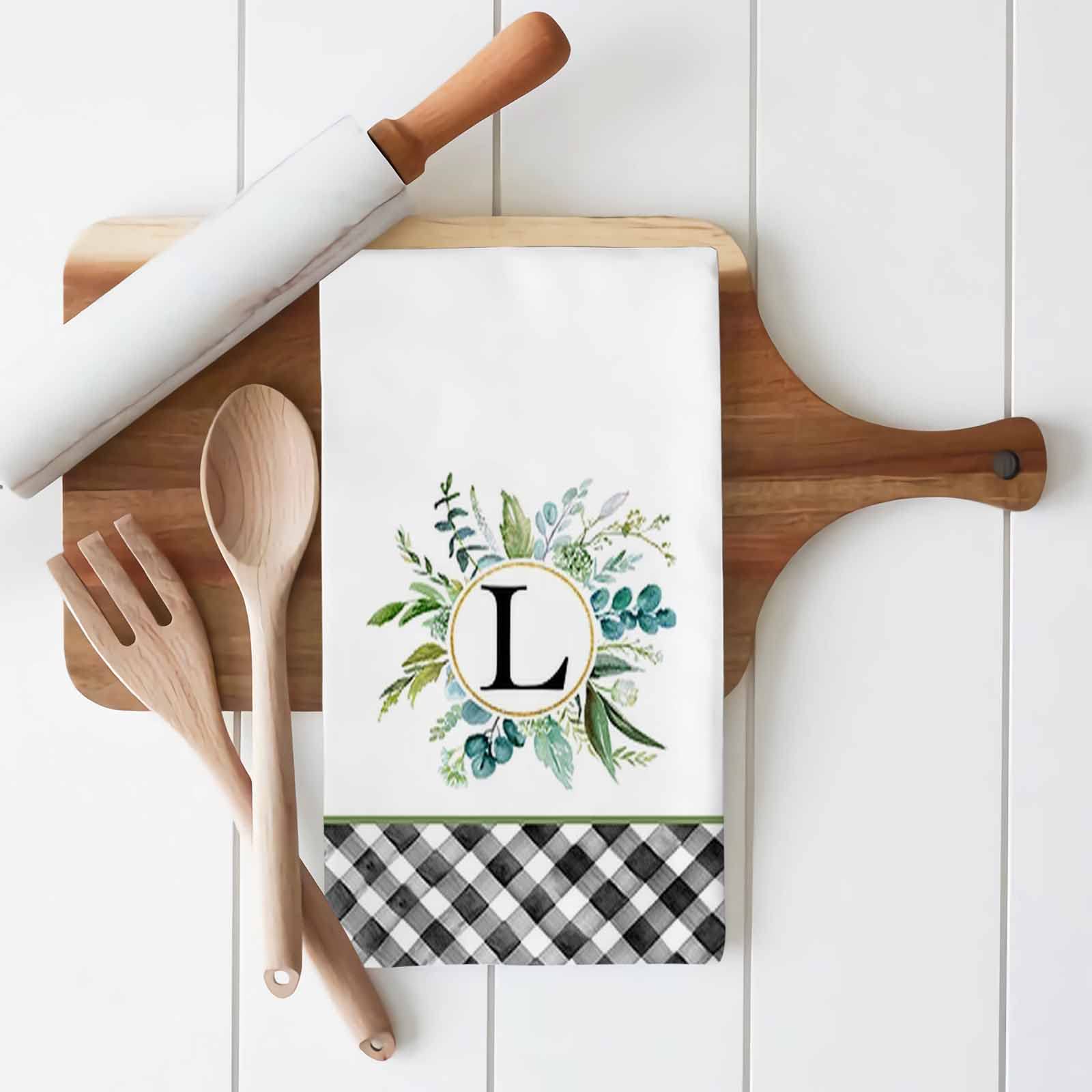 VDLBT Monogram Kitchen Towels Letter L Eucalyptus Leaves Farmhouse Dish Towels Buffalo Plaid Check Dishcloth Fingertip Hand Towel Last Name Initial Soft Tea Towel Set of 2