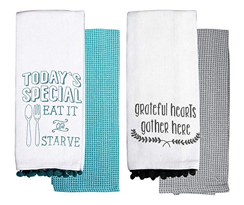 fillURbasket Cute Kitchen Towels Set Decorative Spring Dish Towels with Sayings Themed Inspirational Grateful Gray Teal Towels Kitchen Gift Set 16x28 100% Cotton