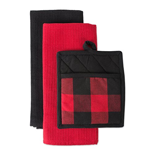 DII Buffalo Check Kitchen Collection, Classic Farmhouse Kitchen Set, Potholder & Dishtowel, Red & Black, 3 Piece