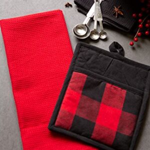 DII Buffalo Check Kitchen Collection, Classic Farmhouse Kitchen Set, Potholder & Dishtowel, Red & Black, 3 Piece