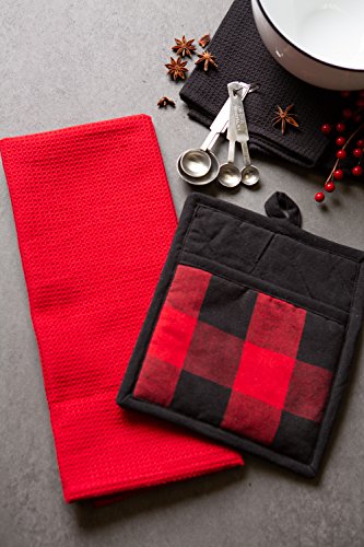 DII Buffalo Check Kitchen Collection, Classic Farmhouse Kitchen Set, Potholder & Dishtowel, Red & Black, 3 Piece