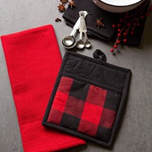 DII Buffalo Check Kitchen Collection, Classic Farmhouse Kitchen Set, Potholder & Dishtowel, Red & Black, 3 Piece