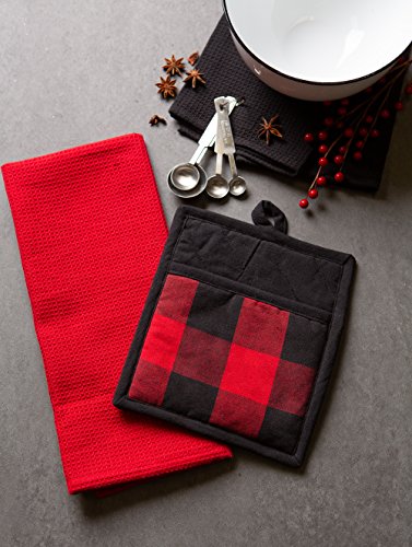 DII Buffalo Check Kitchen Collection, Classic Farmhouse Kitchen Set, Potholder & Dishtowel, Red & Black, 3 Piece