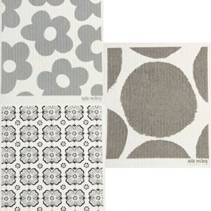 Trendy Tripper Swedish Dishcloths/Sponge Cloths - Packs of 3 Different Designs in Grey (3 Grey: Flowers + Bubble)