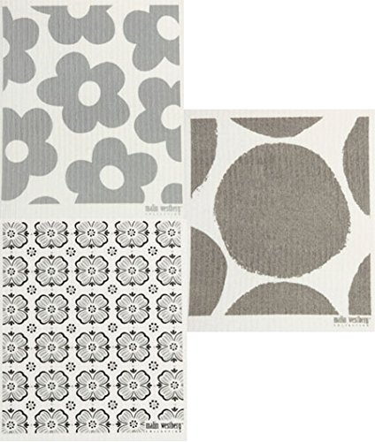 Trendy Tripper Swedish Dishcloths/Sponge Cloths - Packs of 3 Different Designs in Grey (3 Grey: Flowers + Bubble)