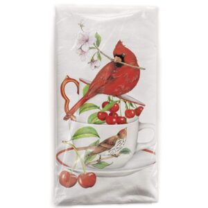 mary lake-thompson cardinal, cherries, and teacups cotton flour sack dish towel