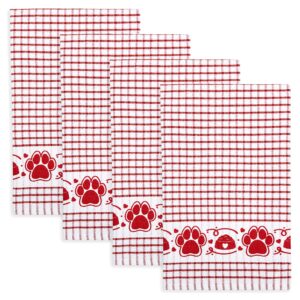 cackleberry home paw prints terrycloth kitchen towels windowpane check fabric, set of 4 (red)