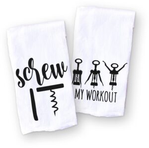 handmade funny kitchen towel set - 100% cotton funny hand bar towels for wine lovers - 28x28 inch perfect for hostess housewarming christmas mother’s day birthday gift (screw & my workout)