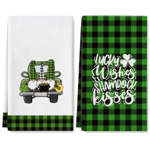 anydesign st. patrick's day kitchen dish towels green black buffalo plaids lucky shamrock gnome truck cloth tea towel 18 x 28 irish seasonal decorative dishcloth hand towel for cooking baking, 2pcs