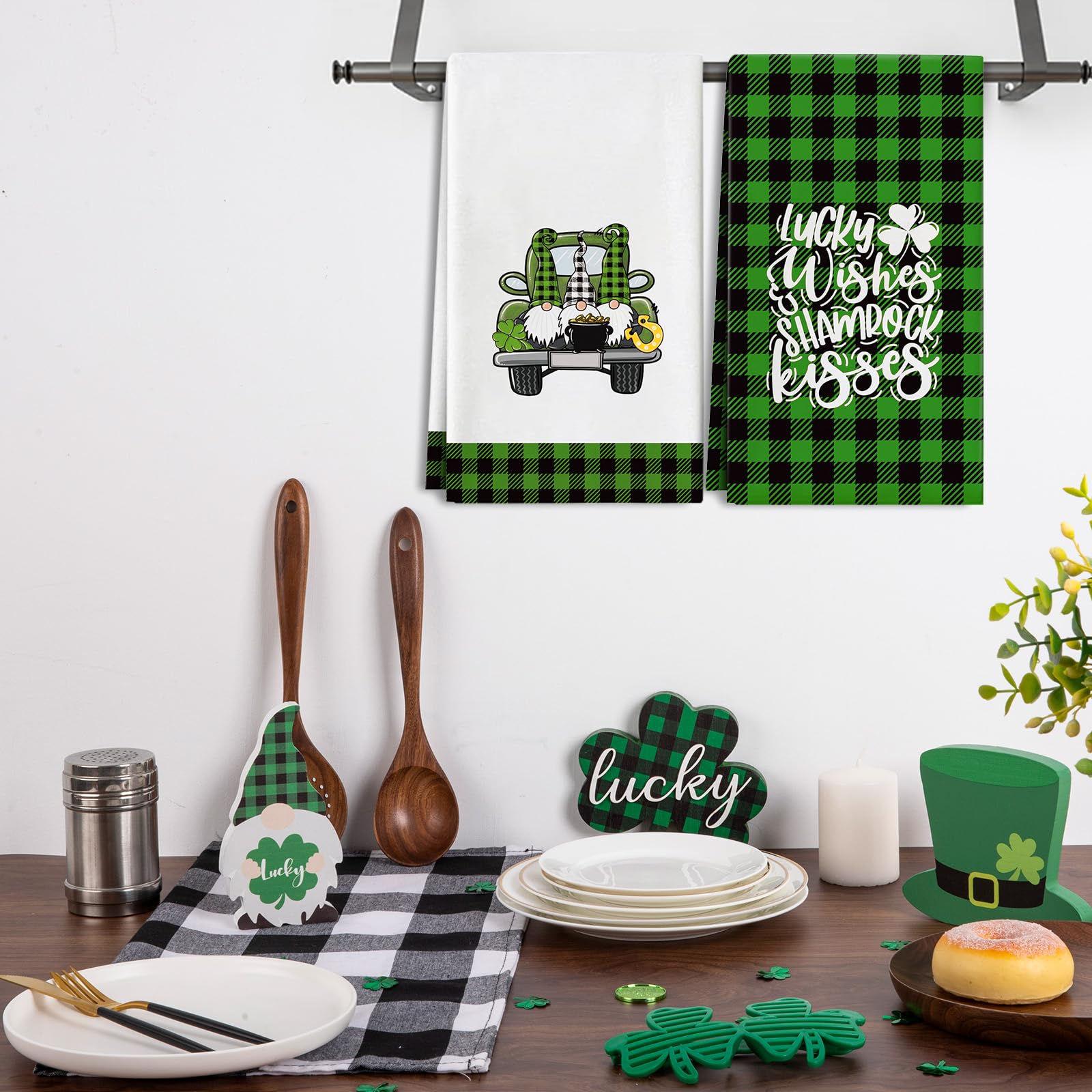 AnyDesign St. Patrick's Day Kitchen Dish Towels Green Black Buffalo Plaids Lucky Shamrock Gnome Truck Cloth Tea Towel 18 x 28 Irish Seasonal Decorative Dishcloth Hand Towel for Cooking Baking, 2Pcs