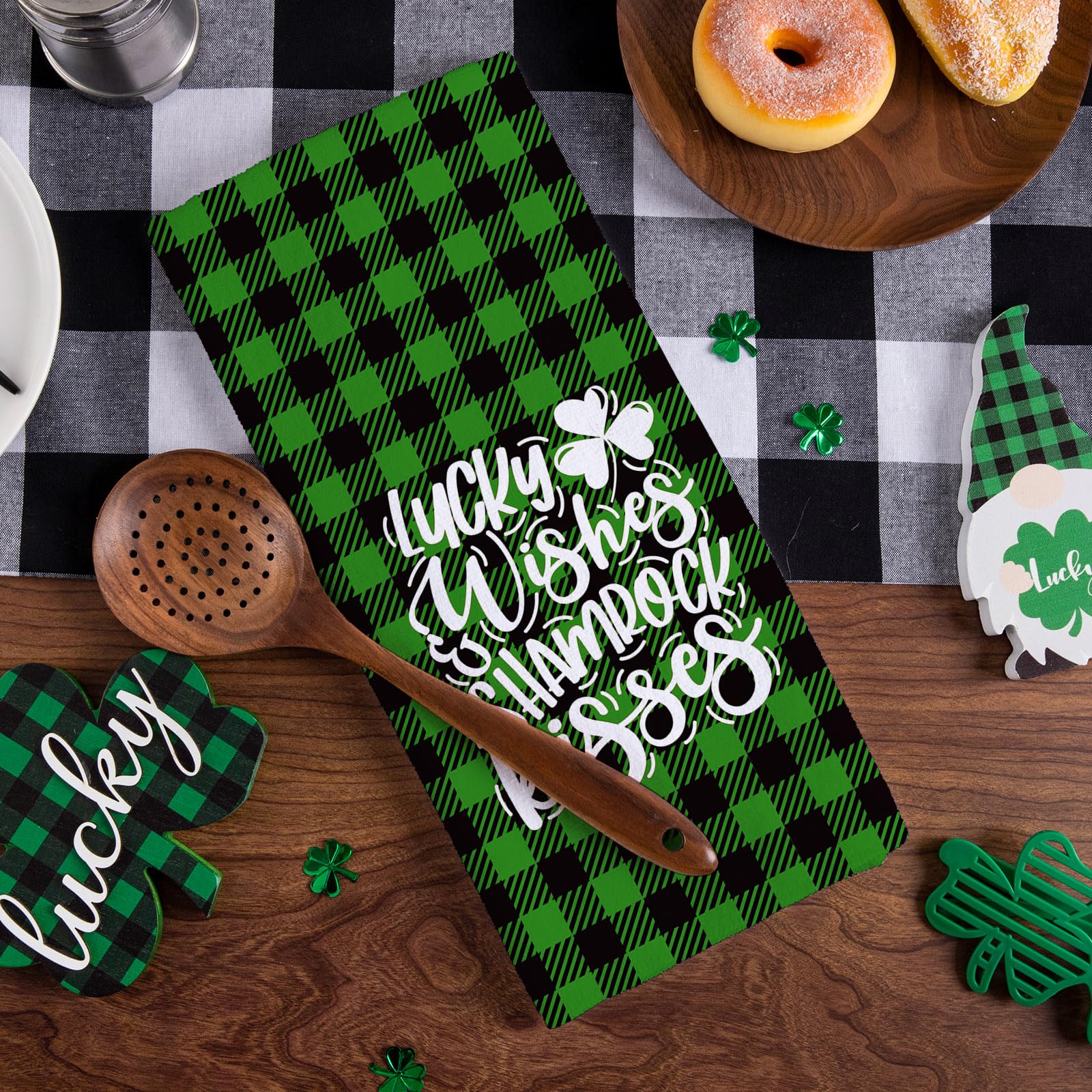 AnyDesign St. Patrick's Day Kitchen Dish Towels Green Black Buffalo Plaids Lucky Shamrock Gnome Truck Cloth Tea Towel 18 x 28 Irish Seasonal Decorative Dishcloth Hand Towel for Cooking Baking, 2Pcs