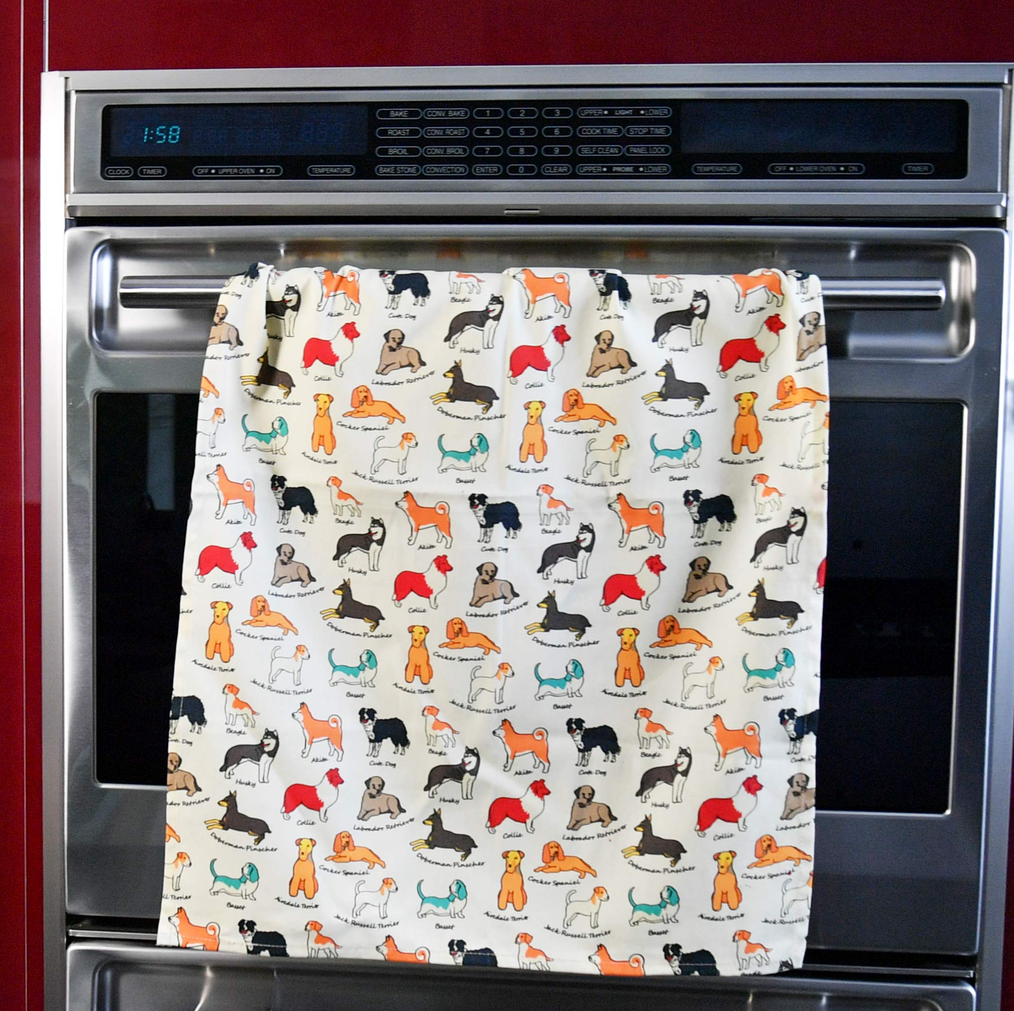 Home-X Dog Illustration Tea Towel for Cooking & Serving, Brightly Colored Print Pattern