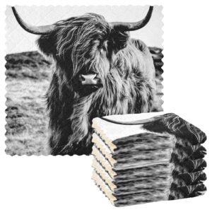 black white scottish highland cow vintage style 6 set kitchen dish towels, washcloths cleaning cloths dish cloths, absorbent towels lint free bar tea soft waffle towel 11"x11"