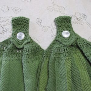 Set of 2 Green Doubled Chevron Design Hanging Kitchen Towels with Green Cotton Crochet Top - Best Quality