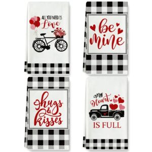whaline 4pcs valentine's day kitchen towel 28 x 18 inch white black buffalo plaids swedish dish towel heart truck bicycle sweet style hand drying tea towel for holiday kitchen bathroom home supplies
