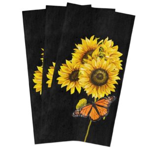 kitchen dish towels 3 pack-super absorbent soft microfiber,abstract sunflower monarch butterfly black pattern cleaning dishcloth hand towels tea towels for kitchen bathroom bar