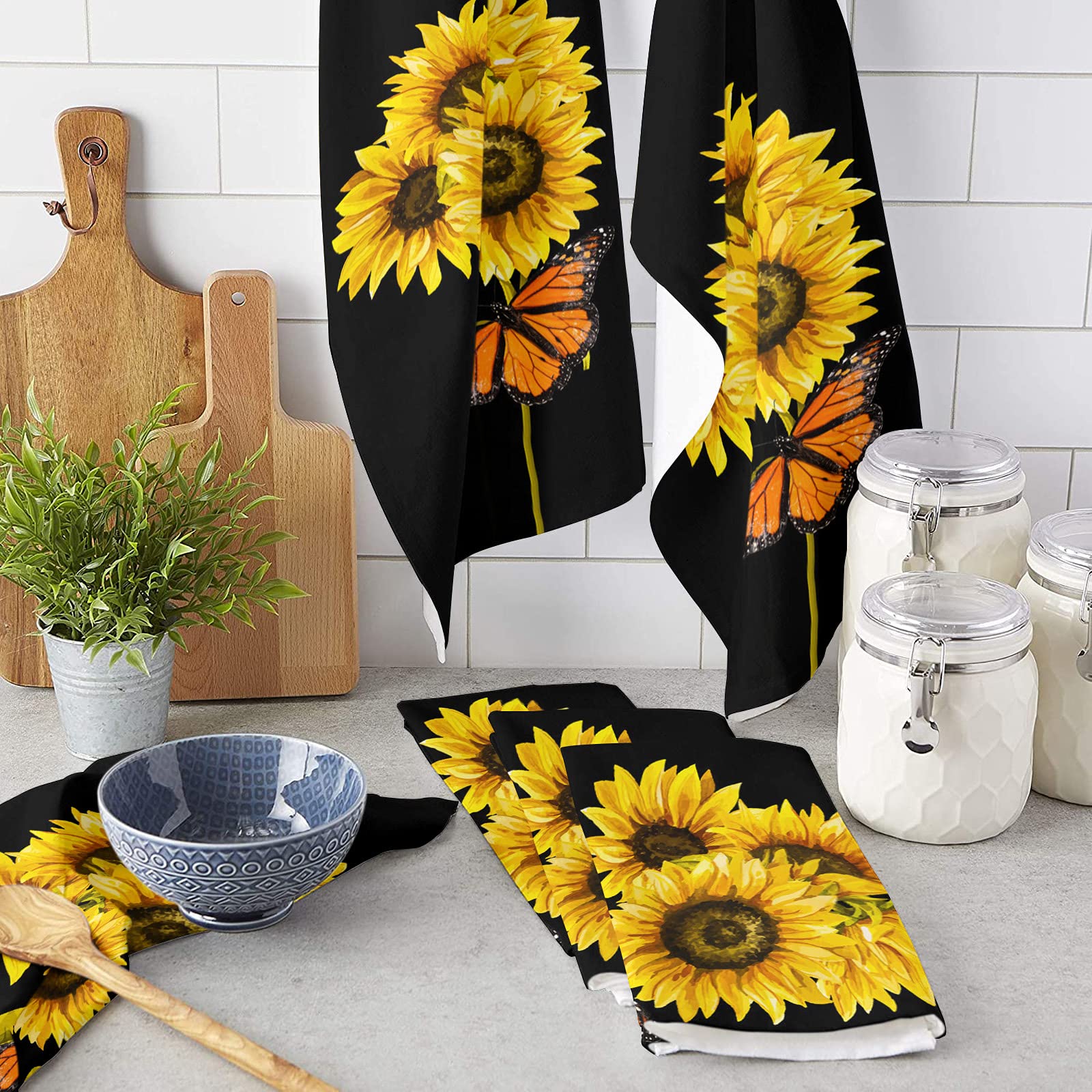 Kitchen Dish Towels 3 Pack-Super Absorbent Soft Microfiber,Abstract Sunflower Monarch Butterfly Black Pattern Cleaning Dishcloth Hand Towels Tea Towels for Kitchen Bathroom Bar