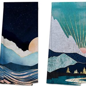 TUNW Abstract Boho Sunrise Winter Mountain and Midnight Ocean Soft and Absorbent Kitchen Towels,Bohemia Hand Towels Dish Towels Beach Towels 16″×24″Set of 2,Gifts for Boho Lovers Women Girls