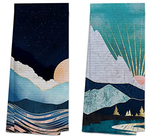 TUNW Abstract Boho Sunrise Winter Mountain and Midnight Ocean Soft and Absorbent Kitchen Towels,Bohemia Hand Towels Dish Towels Beach Towels 16″×24″Set of 2,Gifts for Boho Lovers Women Girls