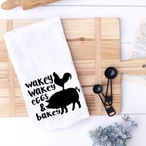 Handmade Funny Kitchen Towel - 100% Cotton Hand Towel Wakey Wakey Eggs and Bakey - 28x28 Inch Perfect for Chef Housewarming Christmas Mother’s Day Birthday Gift (Wakey Wakey Eggs and Bakey)