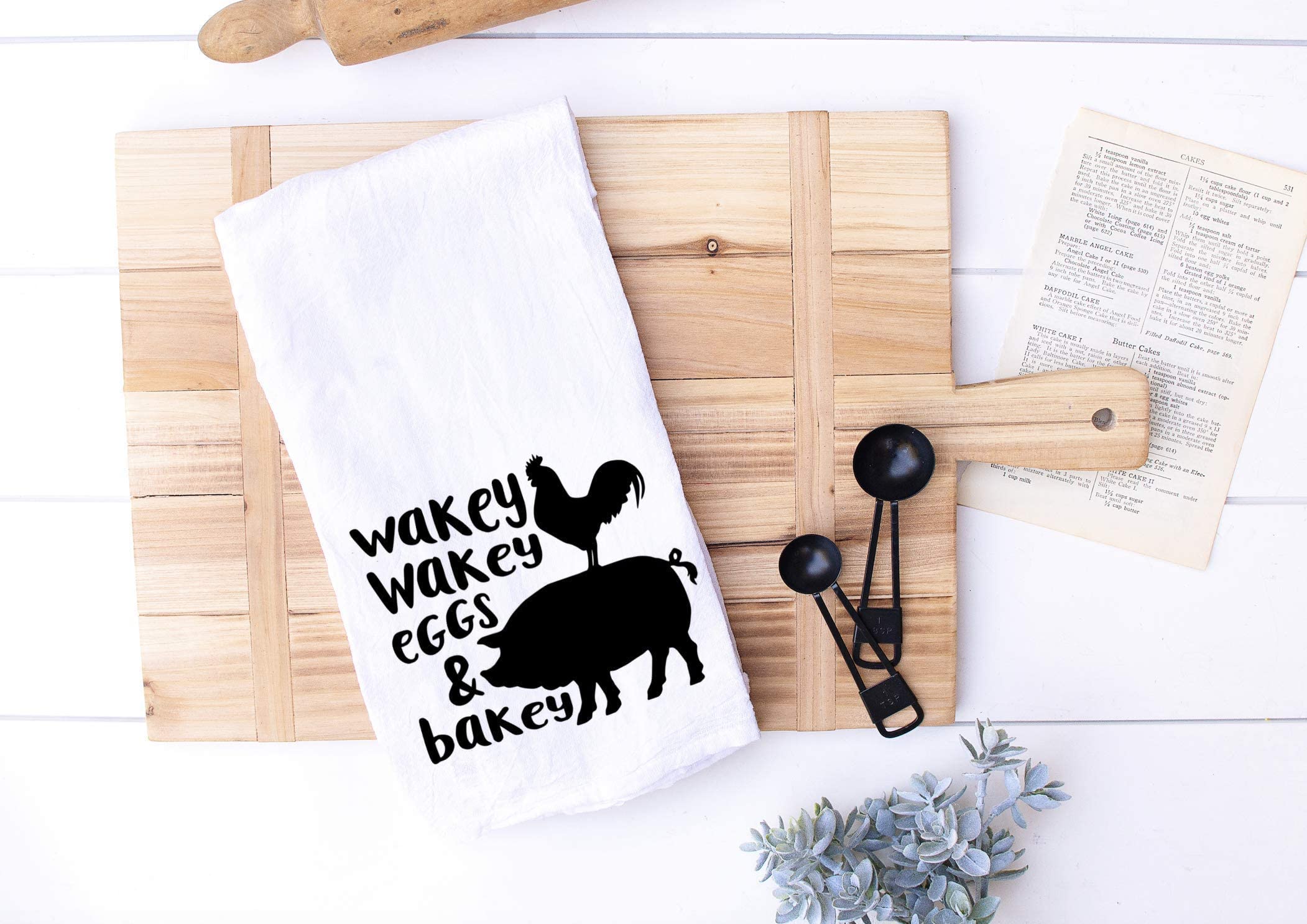 Handmade Funny Kitchen Towel - 100% Cotton Hand Towel Wakey Wakey Eggs and Bakey - 28x28 Inch Perfect for Chef Housewarming Christmas Mother’s Day Birthday Gift (Wakey Wakey Eggs and Bakey)