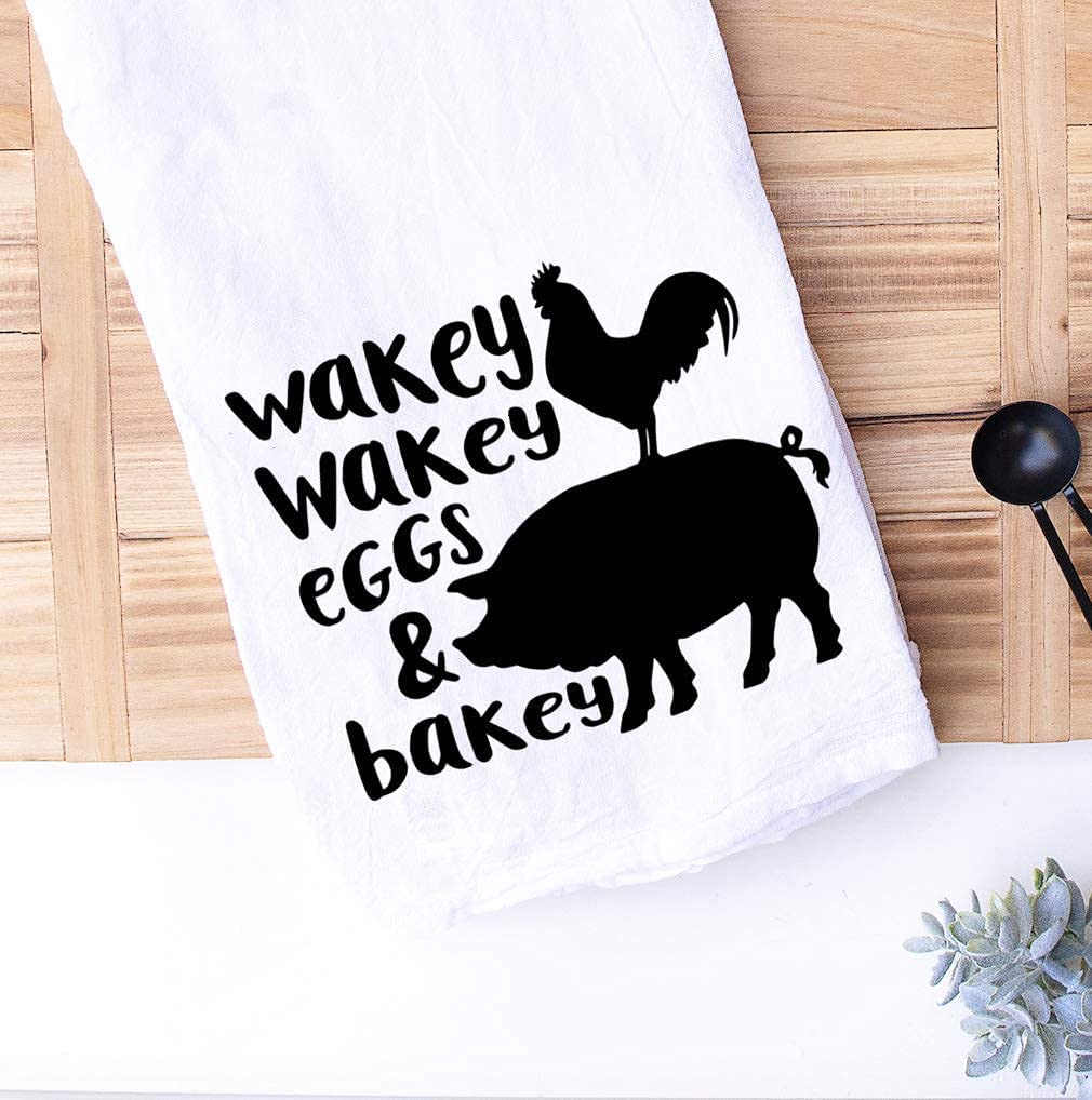 Handmade Funny Kitchen Towel - 100% Cotton Hand Towel Wakey Wakey Eggs and Bakey - 28x28 Inch Perfect for Chef Housewarming Christmas Mother’s Day Birthday Gift (Wakey Wakey Eggs and Bakey)