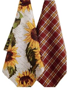 dii design imports set 2 rustic sunflower kitchen dish towels - rustic sunflower print - rustic plaid